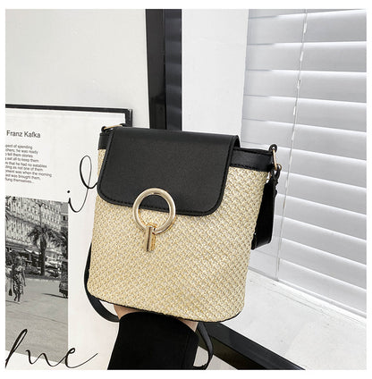 Womens Woven Straw Bucket Bag