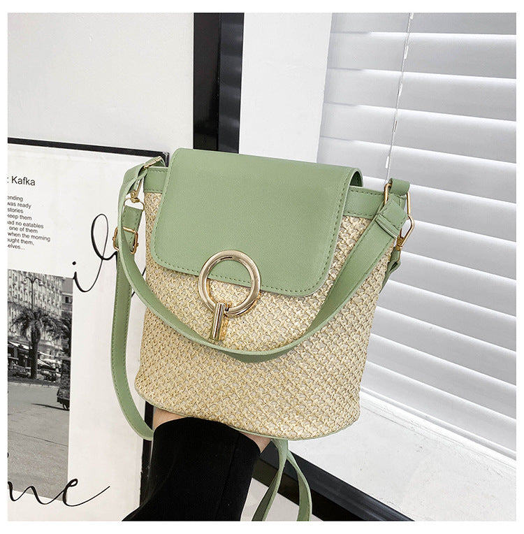 Womens Woven Straw Bucket Bag