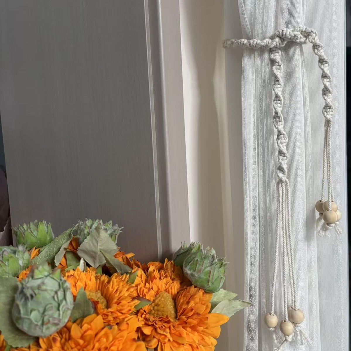 Wood bead curtain tiebacks