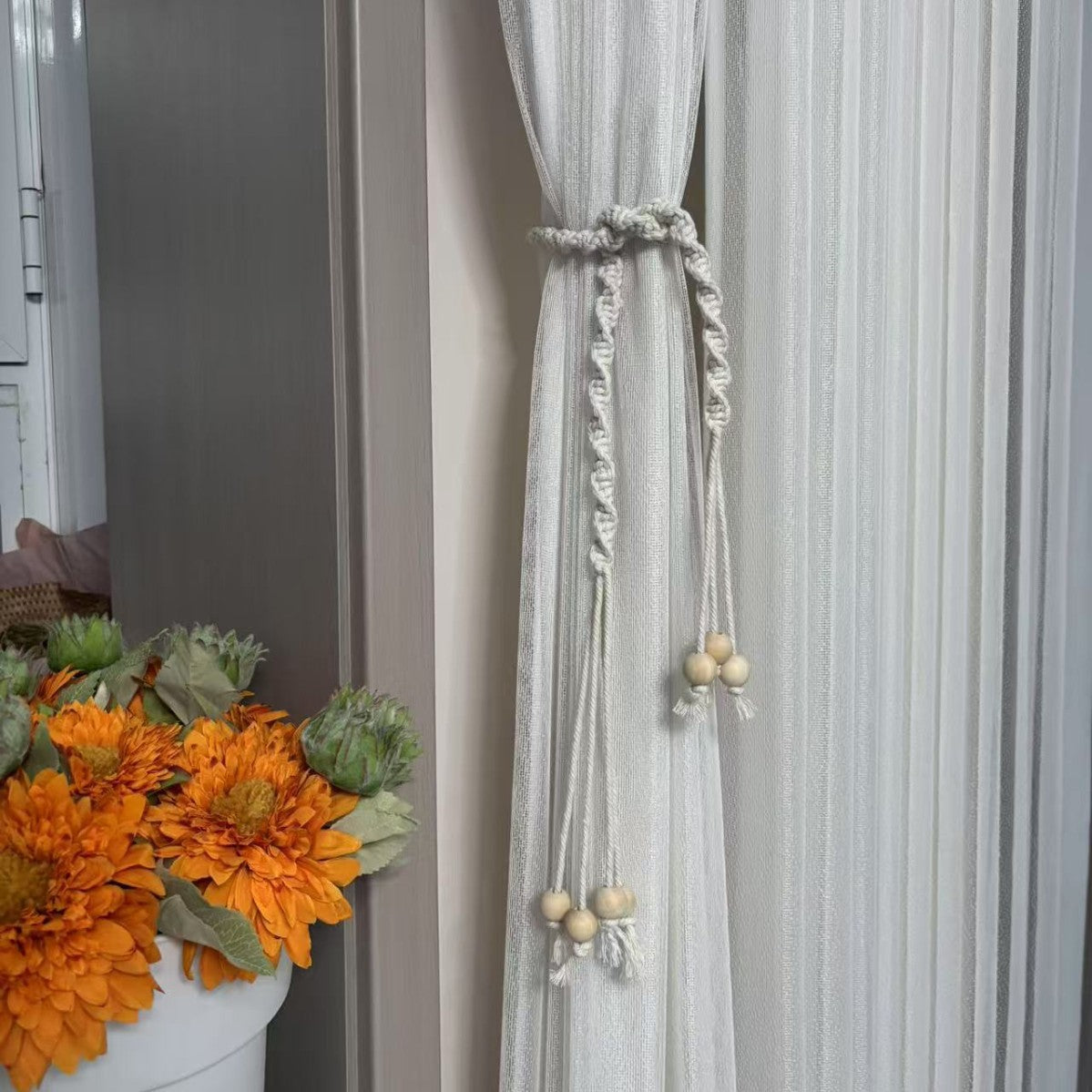 Wood bead curtain tiebacks