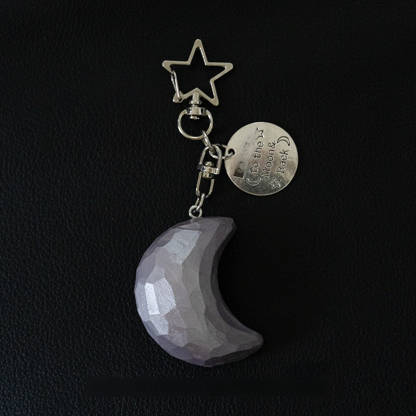 Wood Carving Moon and Star Keychain