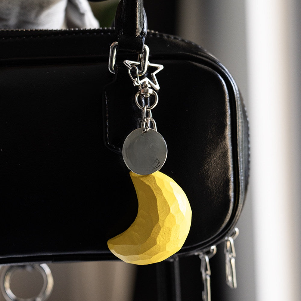 Wood Carving Moon and Star Keychain
