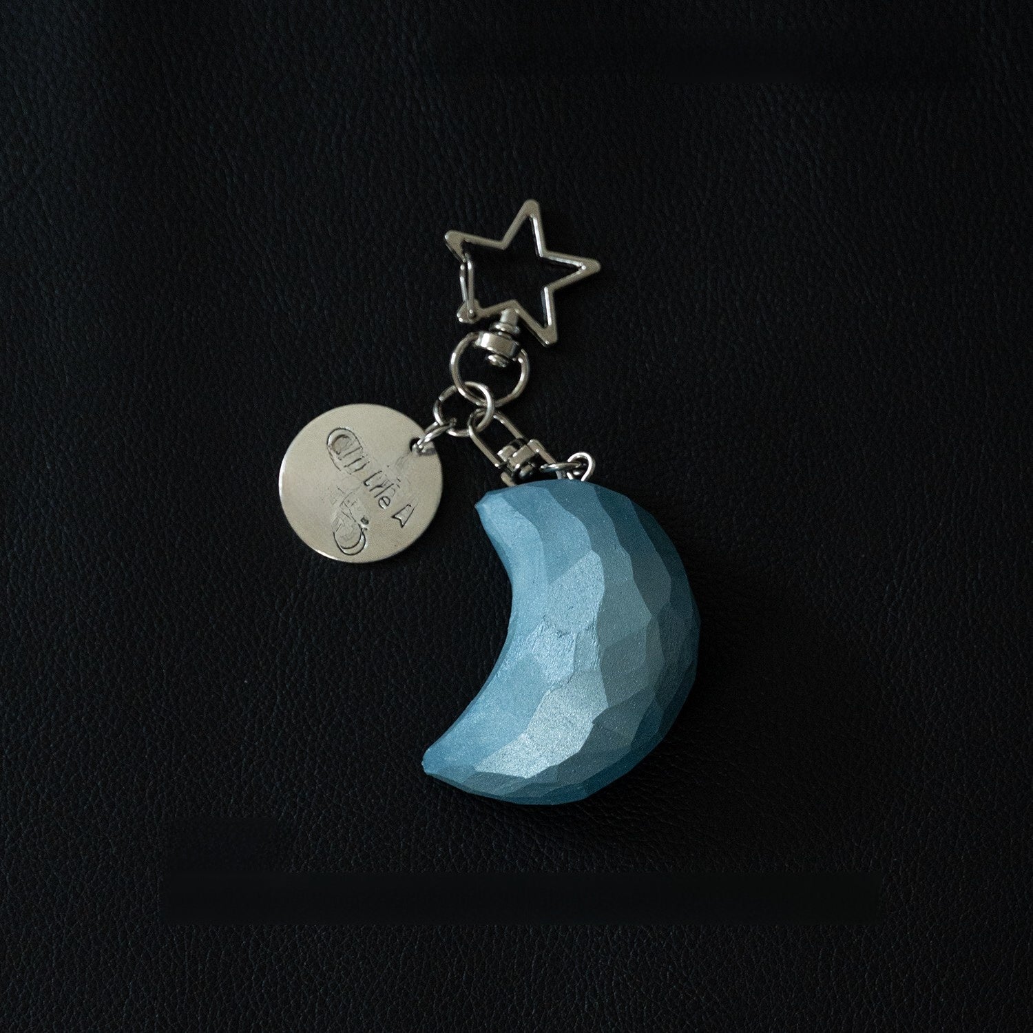 Wood Carving Moon and Star Keychain