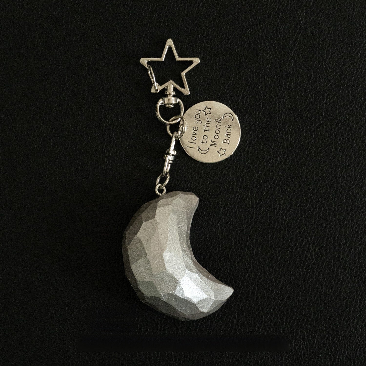 Wood Carving Moon and Star Keychain