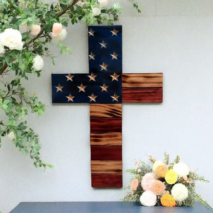 Wooden American Flag Cross Star Hanging Ornament