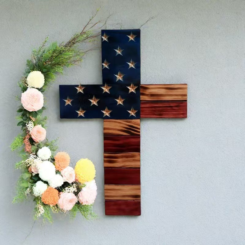 Wooden American Flag Cross Star Hanging Ornament