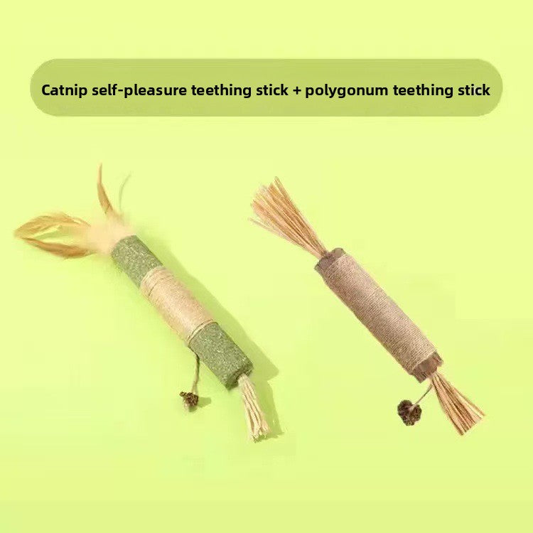 Wooden Cat Chew Toy with Raffia Grass and Hemp Rope