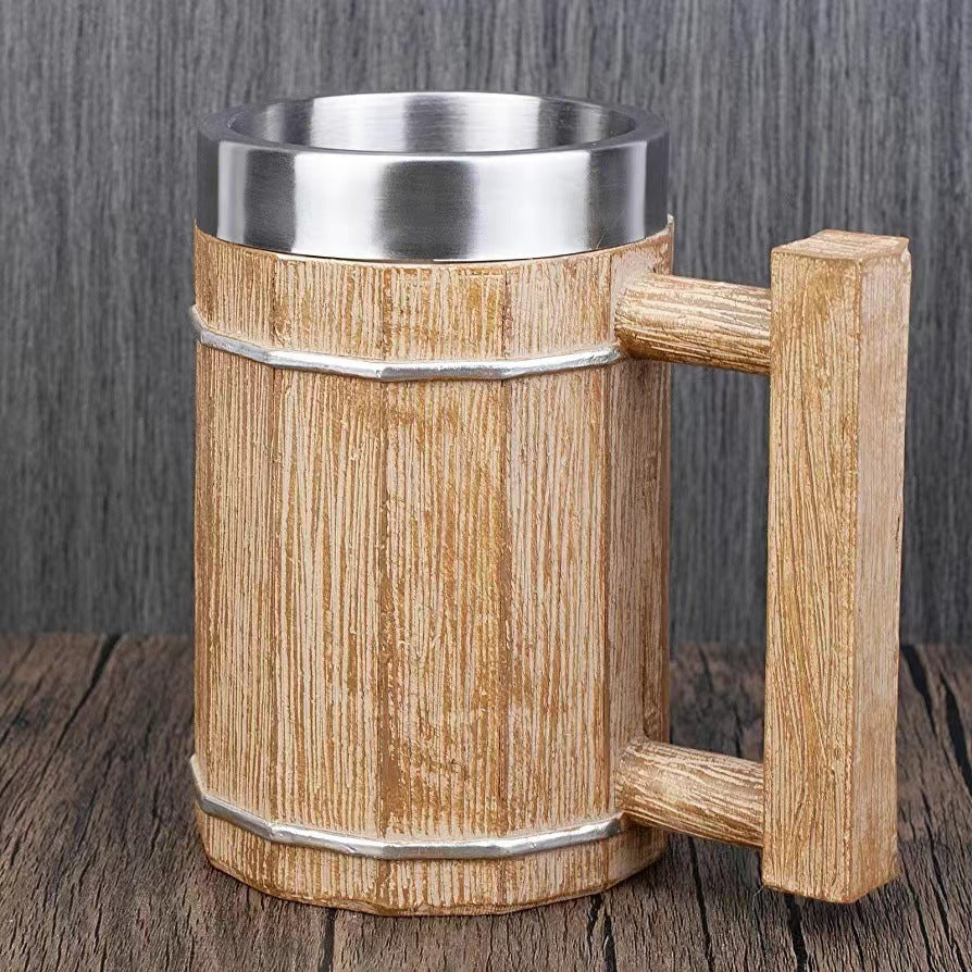 Wooden Design Stainless Steel Beer Mug with Leather Handle