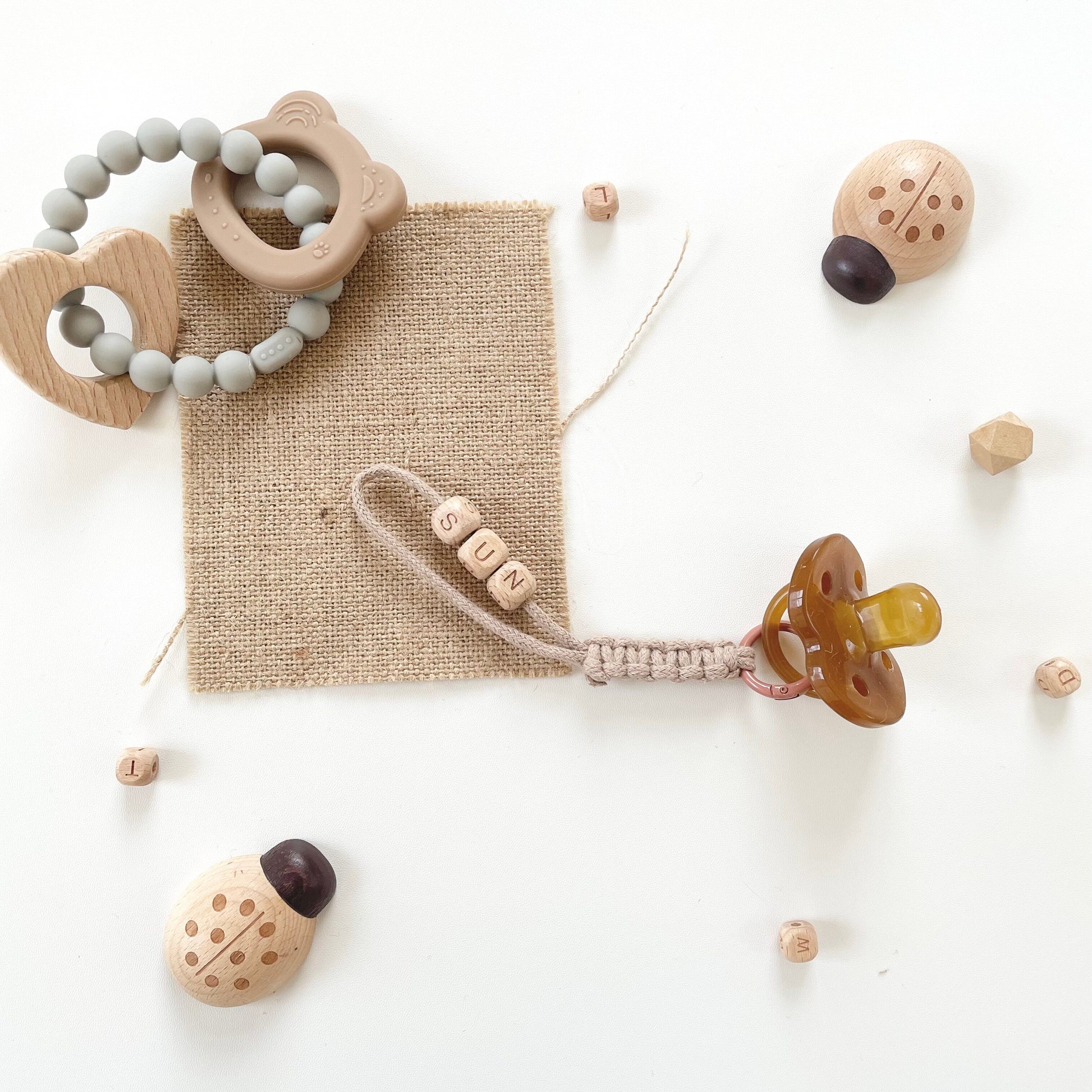 Wooden Handwoven Baby Pacifier Chain with Custom Letters
