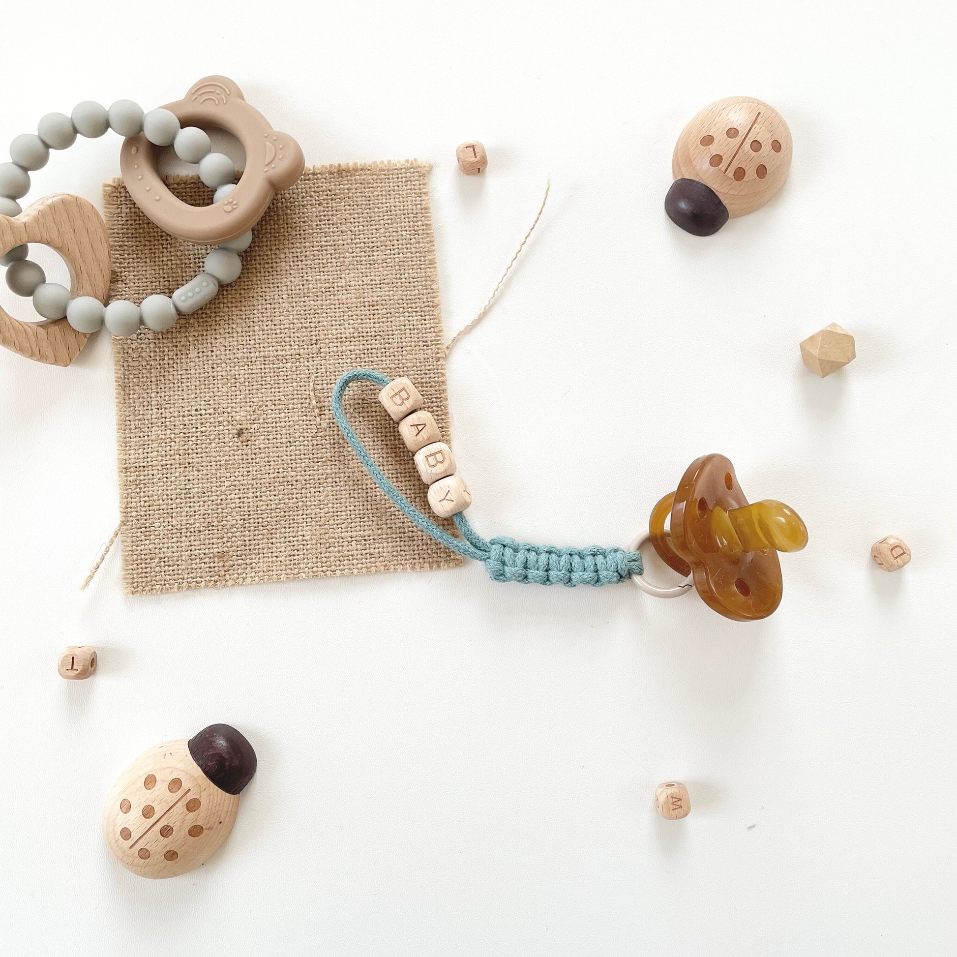 Wooden Handwoven Baby Pacifier Chain with Custom Letters