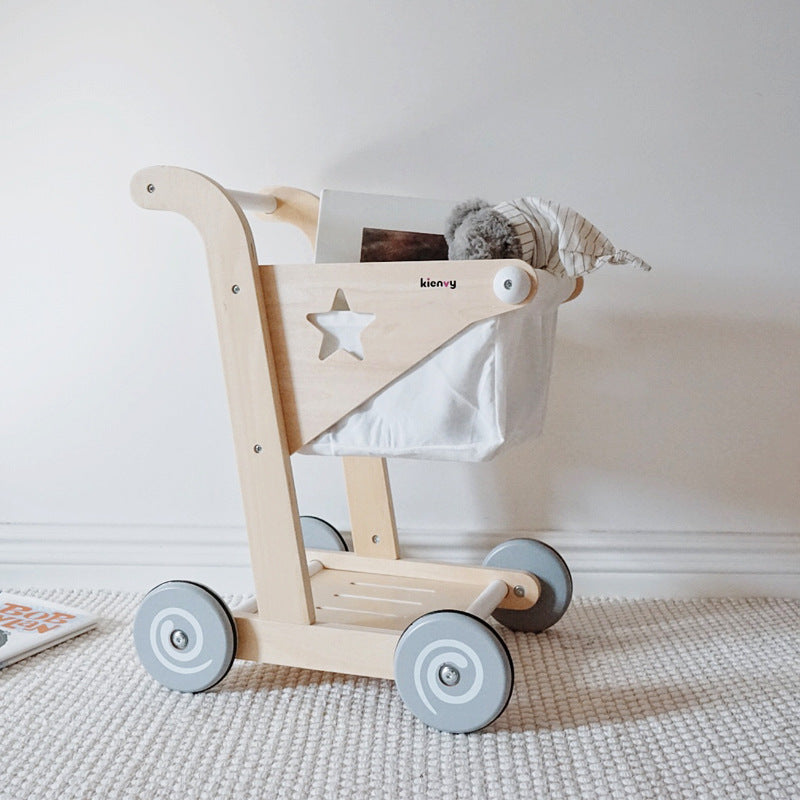 Wooden Pretend Play Supermarket Shopping Cart for Toddlers