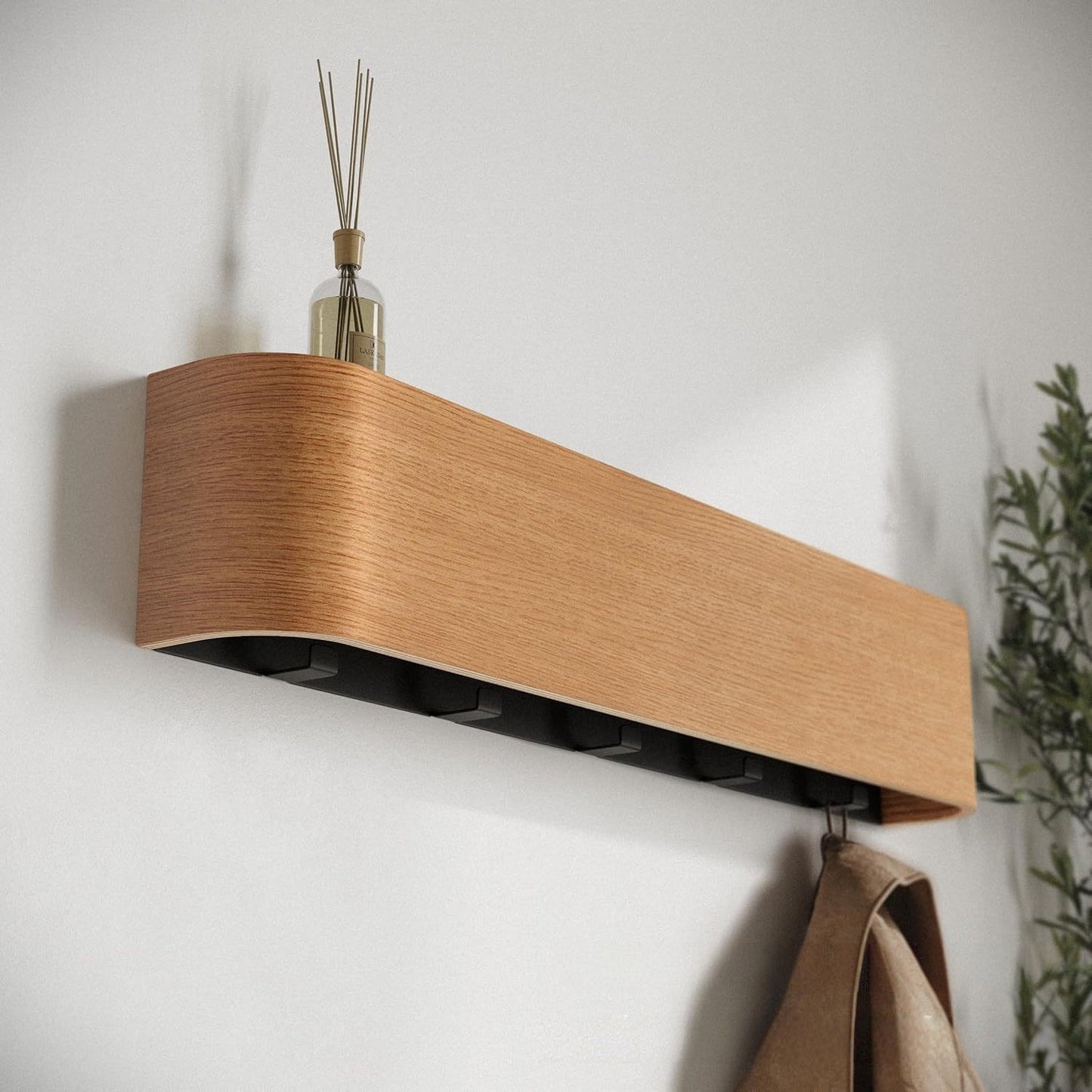 Wooden Wall Mounted Shelf with Hooks