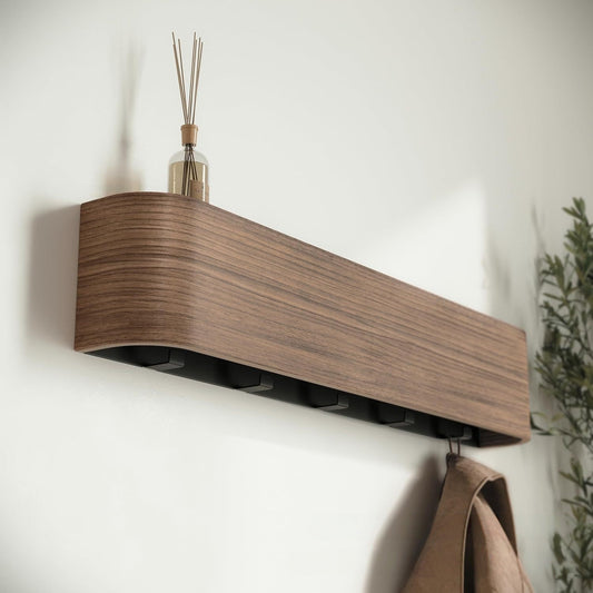 Wooden Wall Mounted Shelf with Hooks