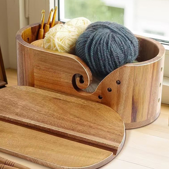 Wooden Yarn Bowl with Lid, Yarn Storage Bowl