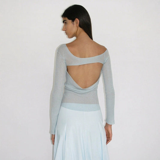 Wool-Blend Openwork Backless Sweater Long Sleeve Top
