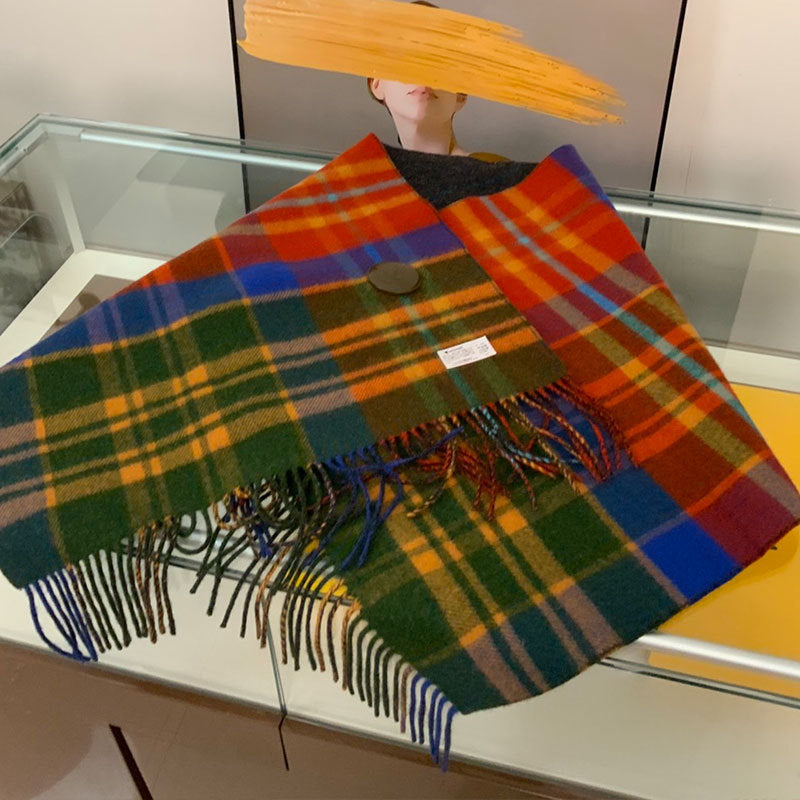 Wool check solid-colored scarf shawl