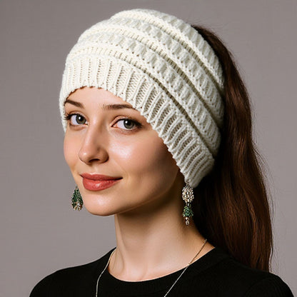 Wool Wide Knitted Headband Hollow Top Ponytail Design