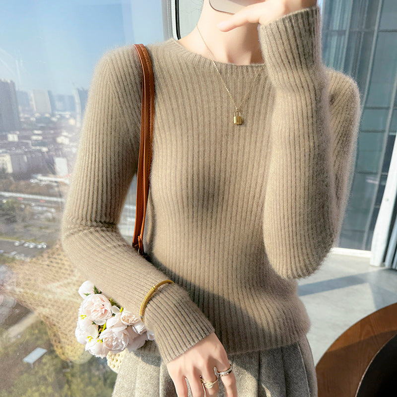 Woolen crewneck long-sleeved top for women