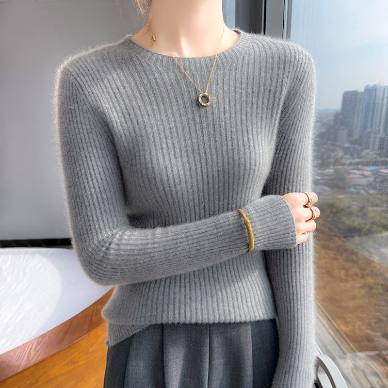 Woolen crewneck long-sleeved top for women
