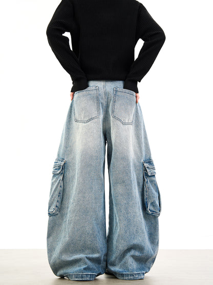 Woostop Washed Blue Cotton Workwear Jeans