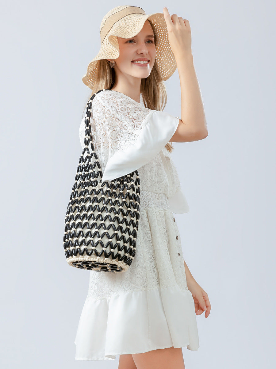 Woven Bag Women Summer Hollow Wooden Bead Bucket Shoulder Bag
