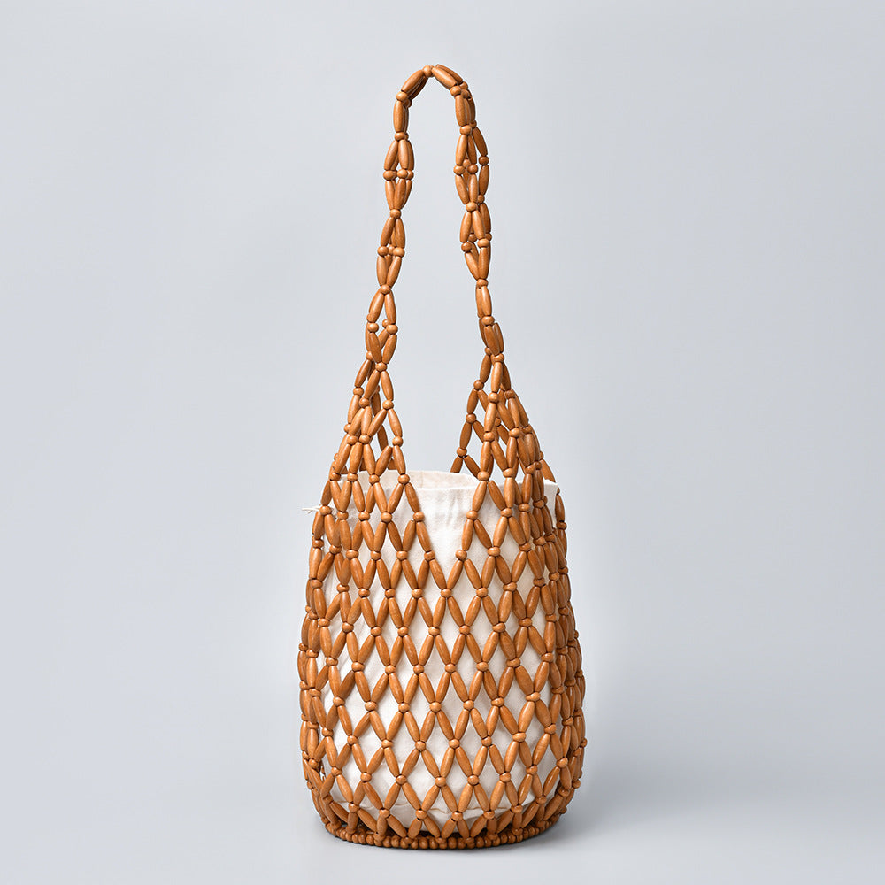 Woven Bag Women Summer Hollow Wooden Bead Bucket Shoulder Bag