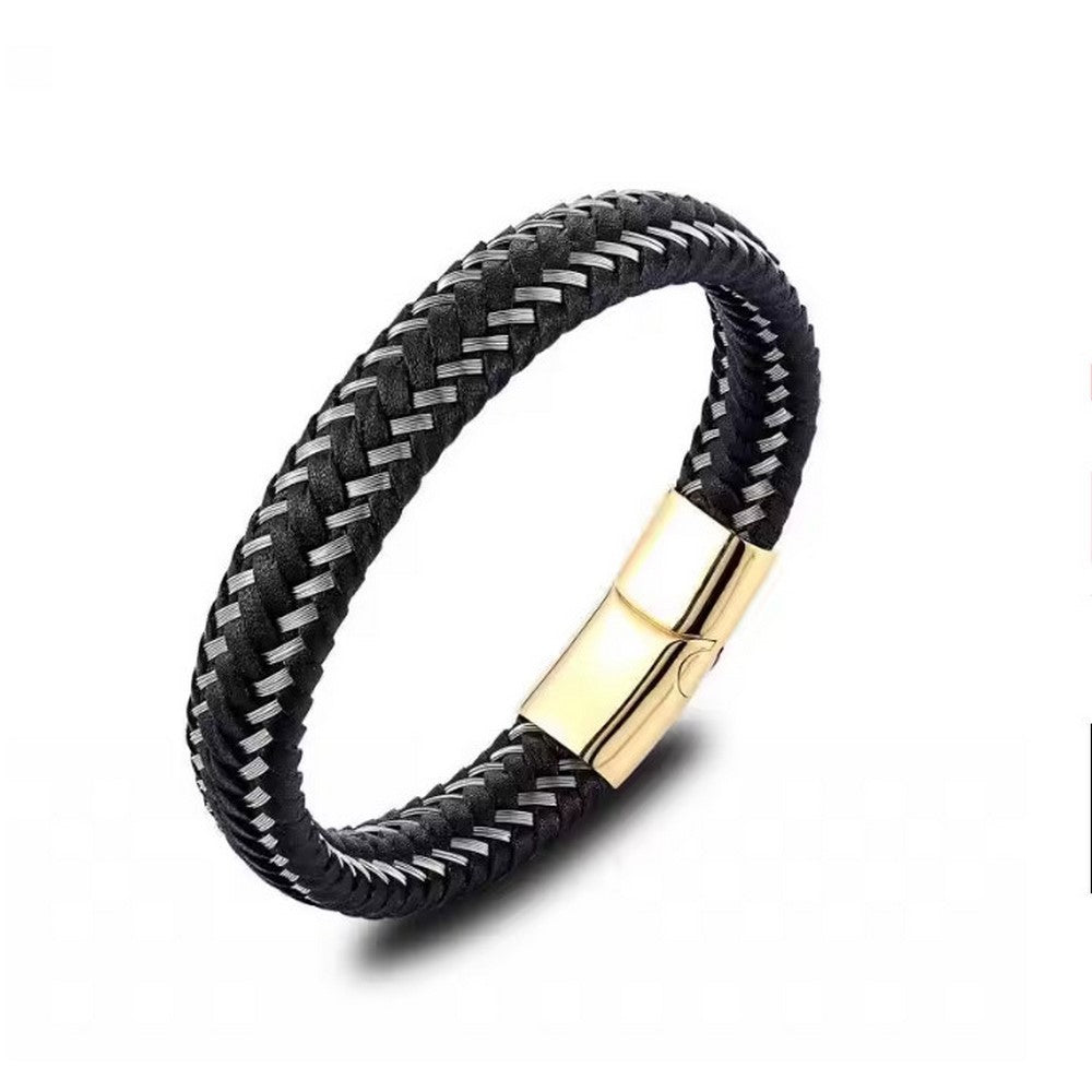 Woven Leather Bracelet with Metal Buckle