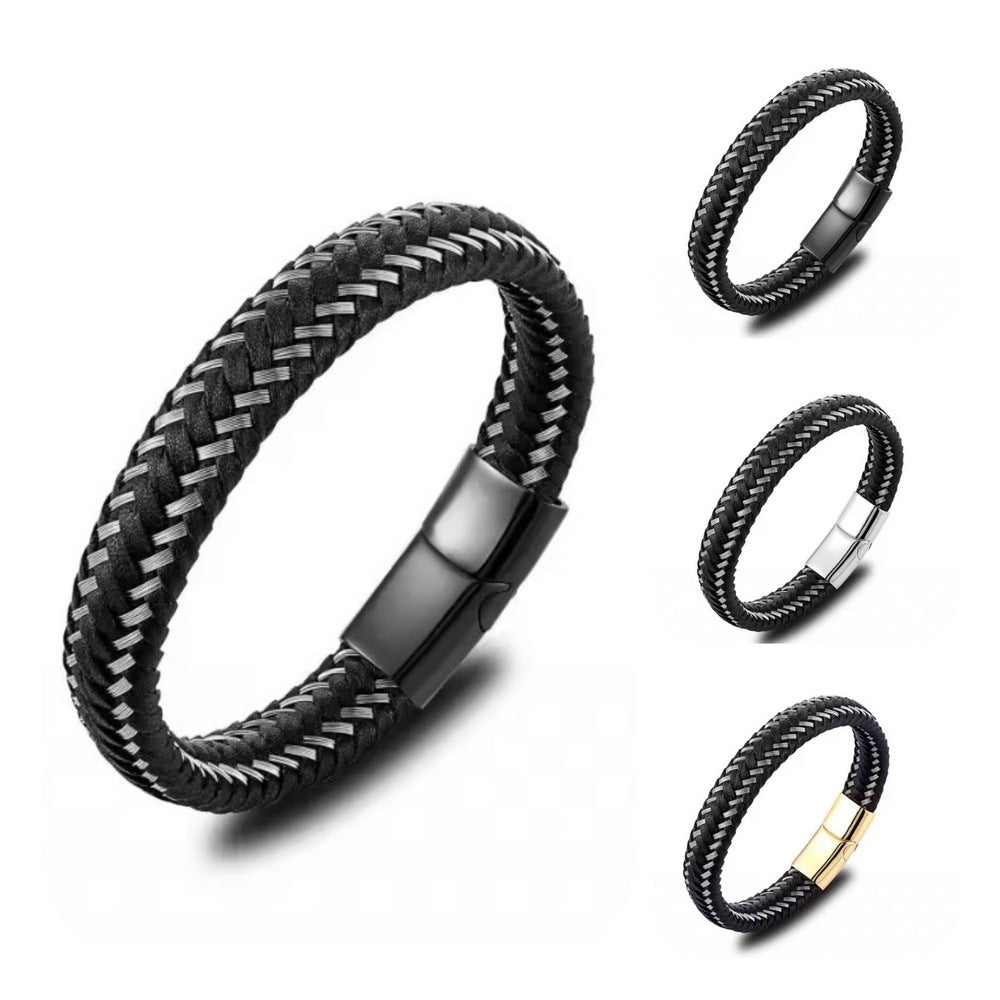 Woven Leather Bracelet with Metal Buckle