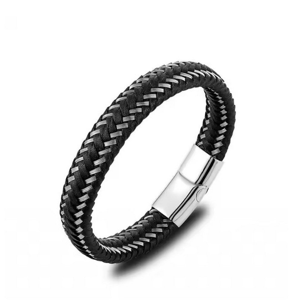 Woven Leather Bracelet with Metal Buckle