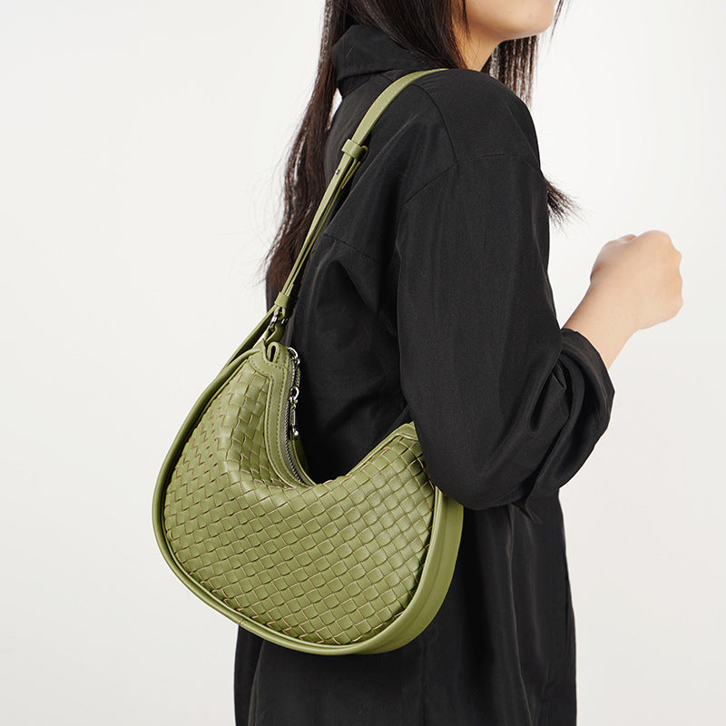 Woven Leather Crescent Handbag