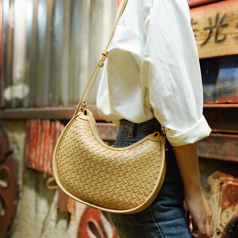 Woven Leather Crescent Handbag