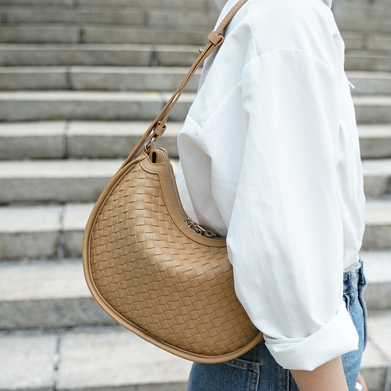 Woven Leather Crescent Handbag