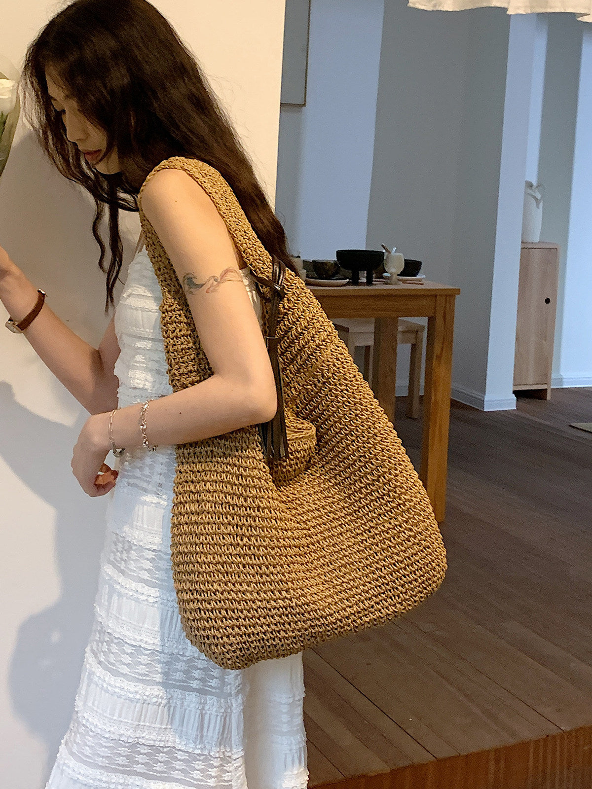 Woven Straw Beach Bag with Single Strap