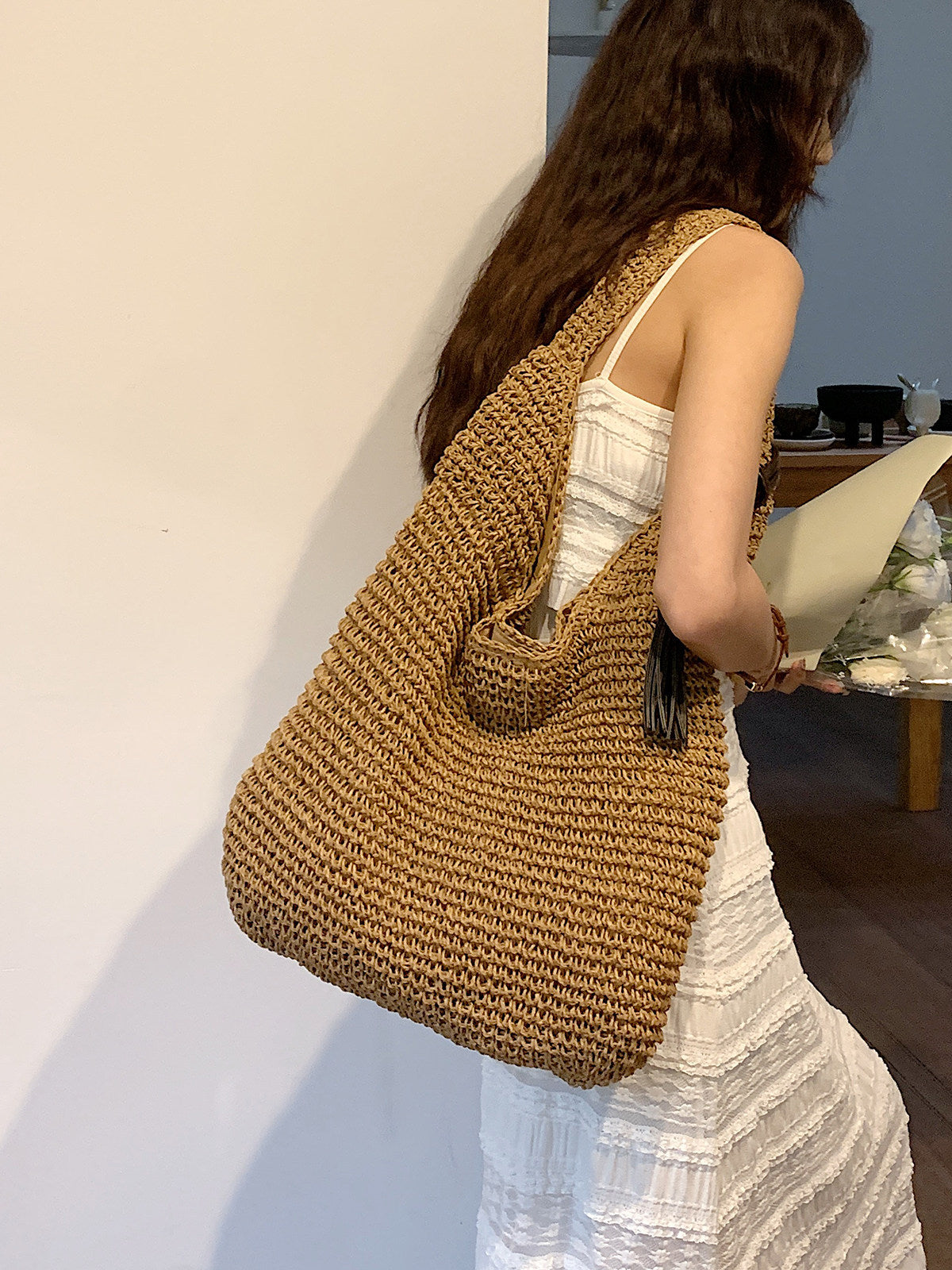 Woven Straw Beach Bag with Single Strap