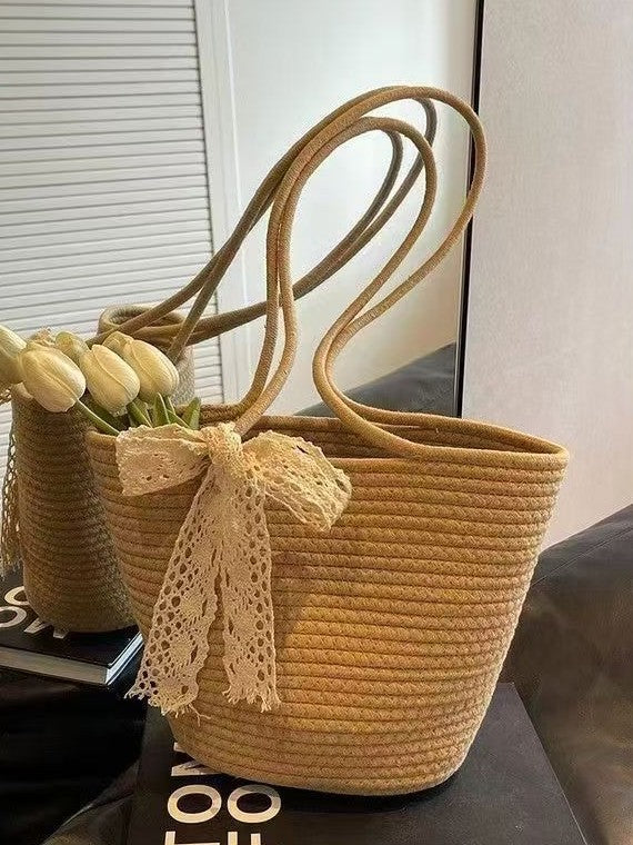 Woven Straw Beach Tote Bag with Cotton Lining