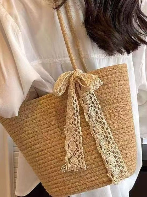 Woven Straw Beach Tote Bag with Cotton Lining