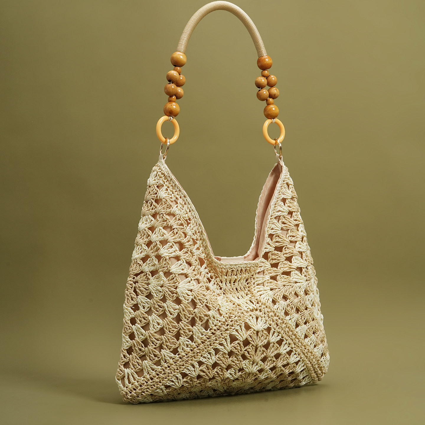 Woven Straw Beaded Shoulder Tote Bag