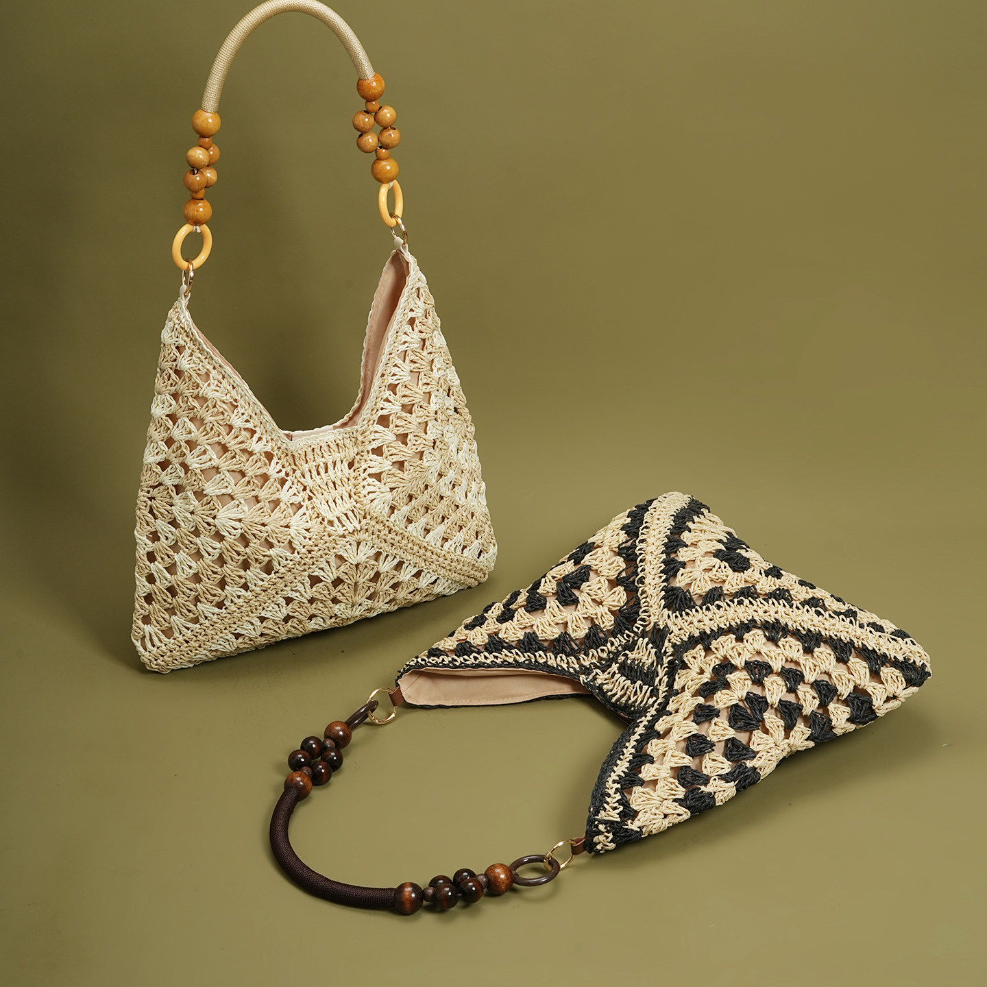 Woven Straw Beaded Shoulder Tote Bag