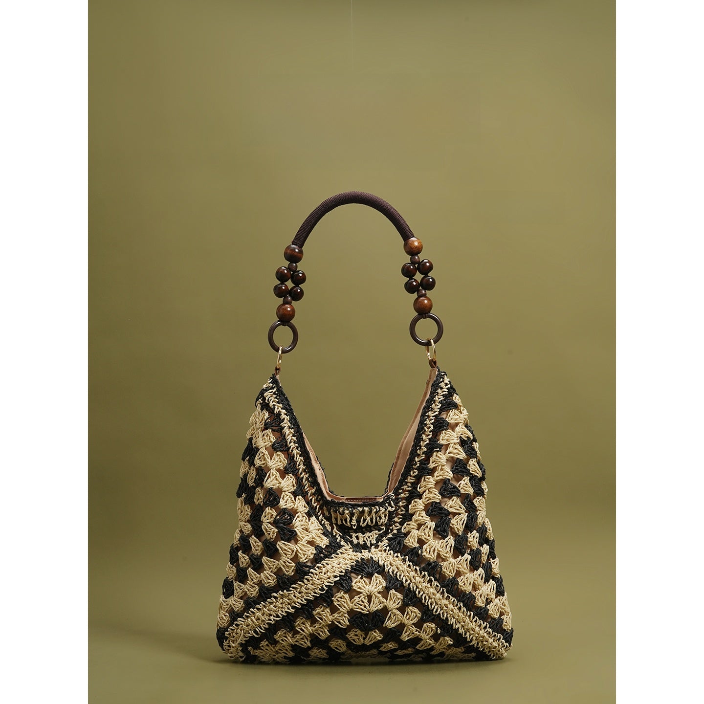 Woven Straw Beaded Shoulder Tote Bag