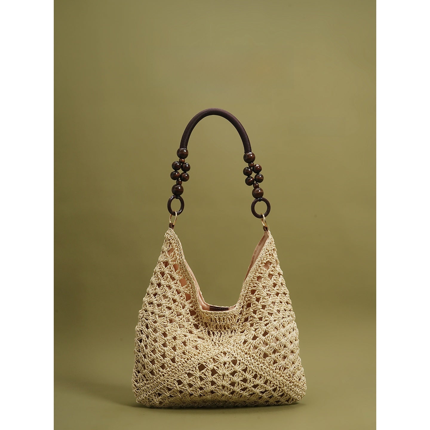 Woven Straw Beaded Shoulder Tote Bag