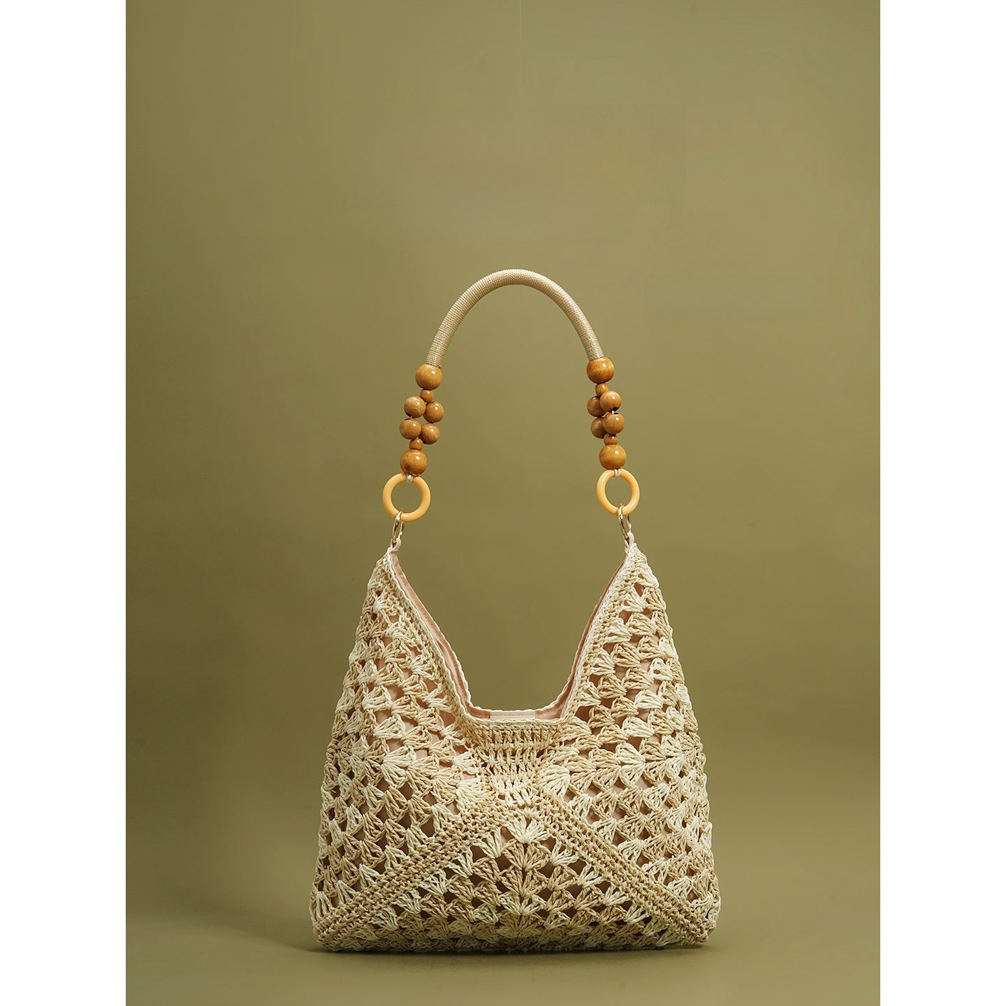 Woven Straw Beaded Shoulder Tote Bag