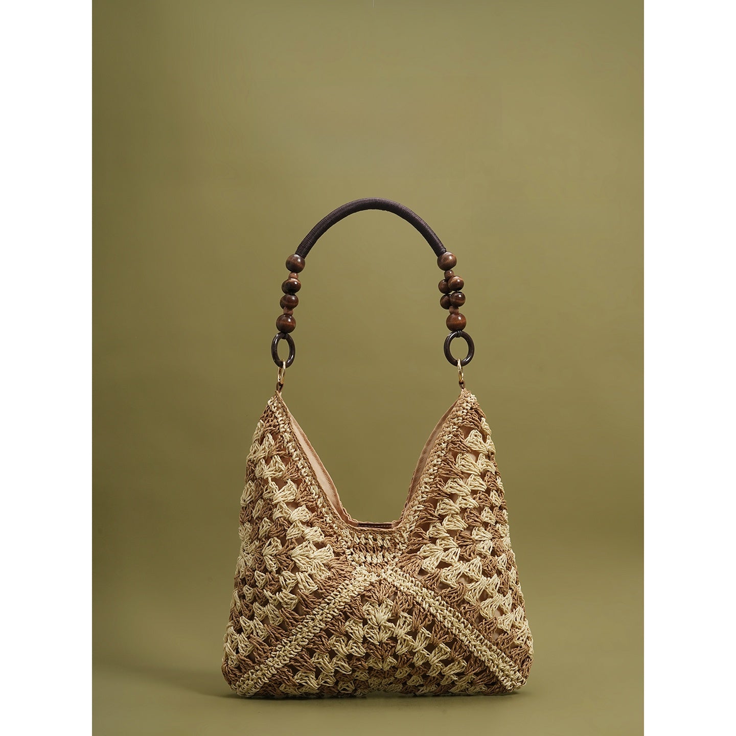 Woven Straw Beaded Shoulder Tote Bag