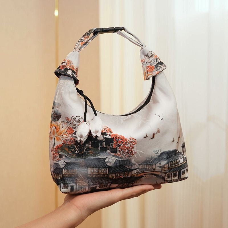 Xiangyunsha Crescent Crossbody Bag with Drawstring