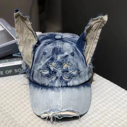 Y2K Doberman Dog Ears Washed Denim Baseball Cap