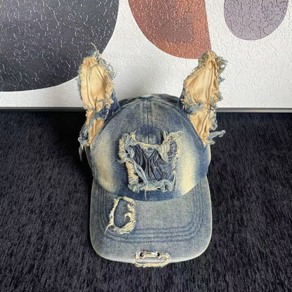 Y2K Doberman Dog Ears Washed Denim Baseball Cap