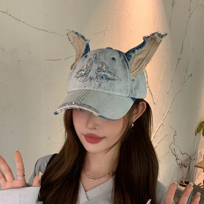Y2K Doberman Dog Ears Washed Denim Baseball Cap