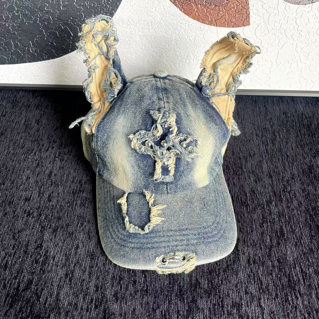 Y2K Doberman Dog Ears Washed Denim Baseball Cap