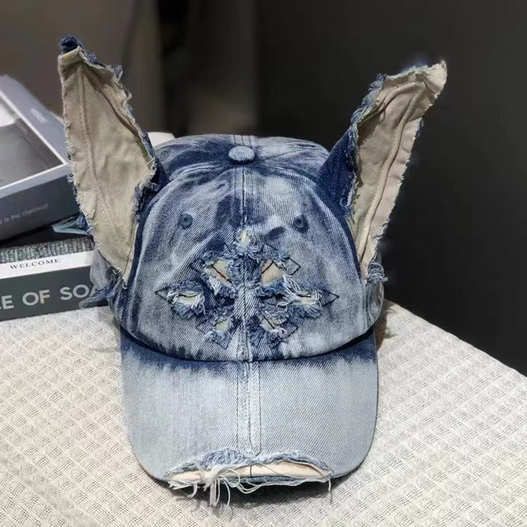 Y2K Doberman Dog Ears Washed Denim Baseball Cap