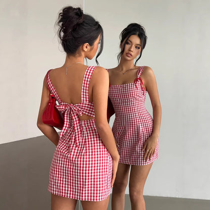 Y2K Plaid Suspender Bow Dress