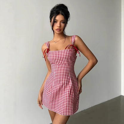 Y2K Plaid Suspender Bow Dress